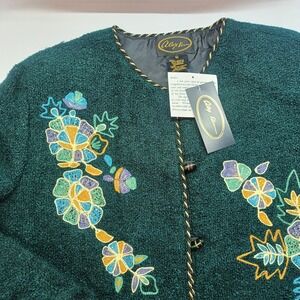 Alex‎ Kin Women 1X Green Embroidered Paisley Floral Boucle Jacket NWT Vtg 90s